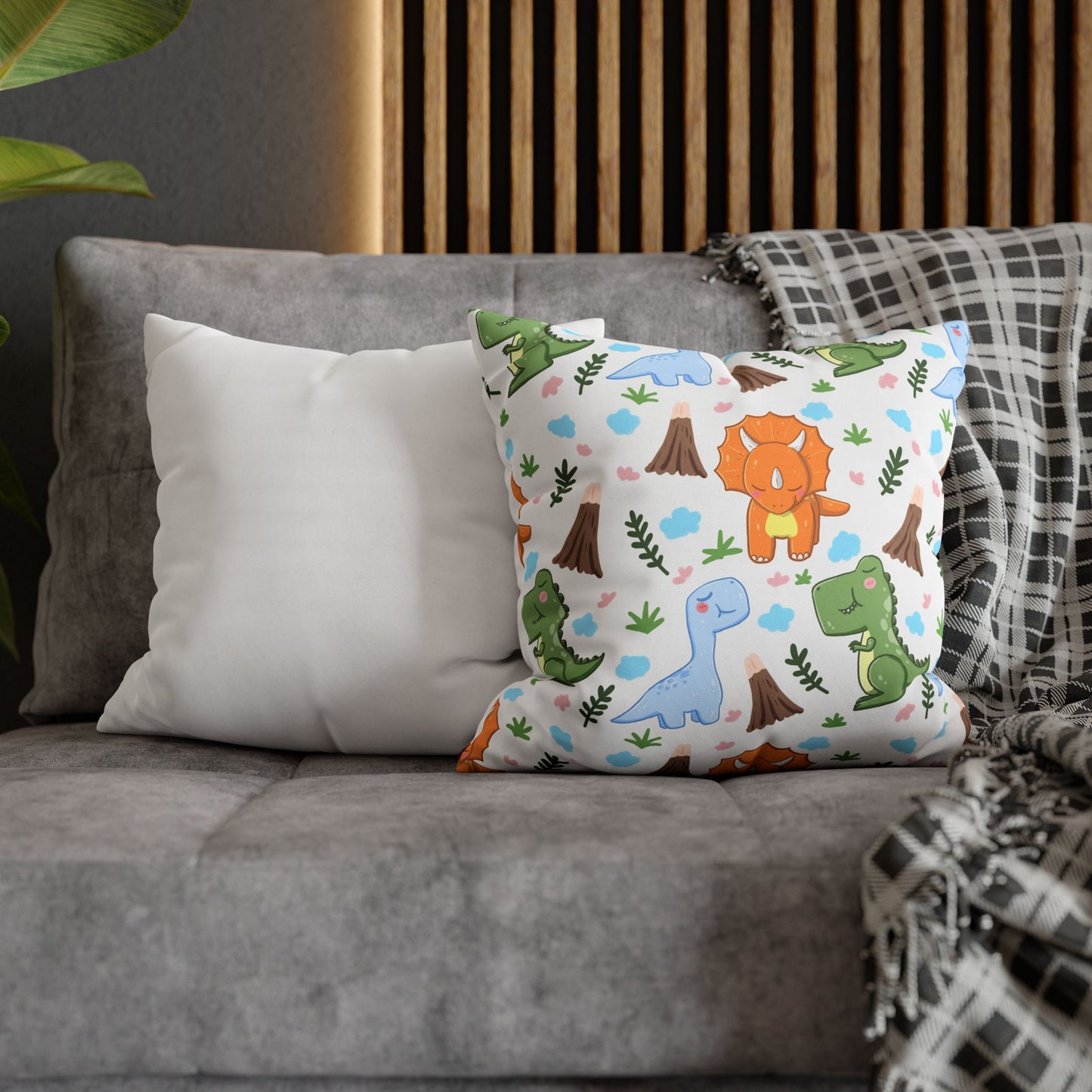 Dinosaur Kids Throw Pillow Cover — Cute Cartoon Dino Pattern Square Pillowcase for Nursery & Toddler Room