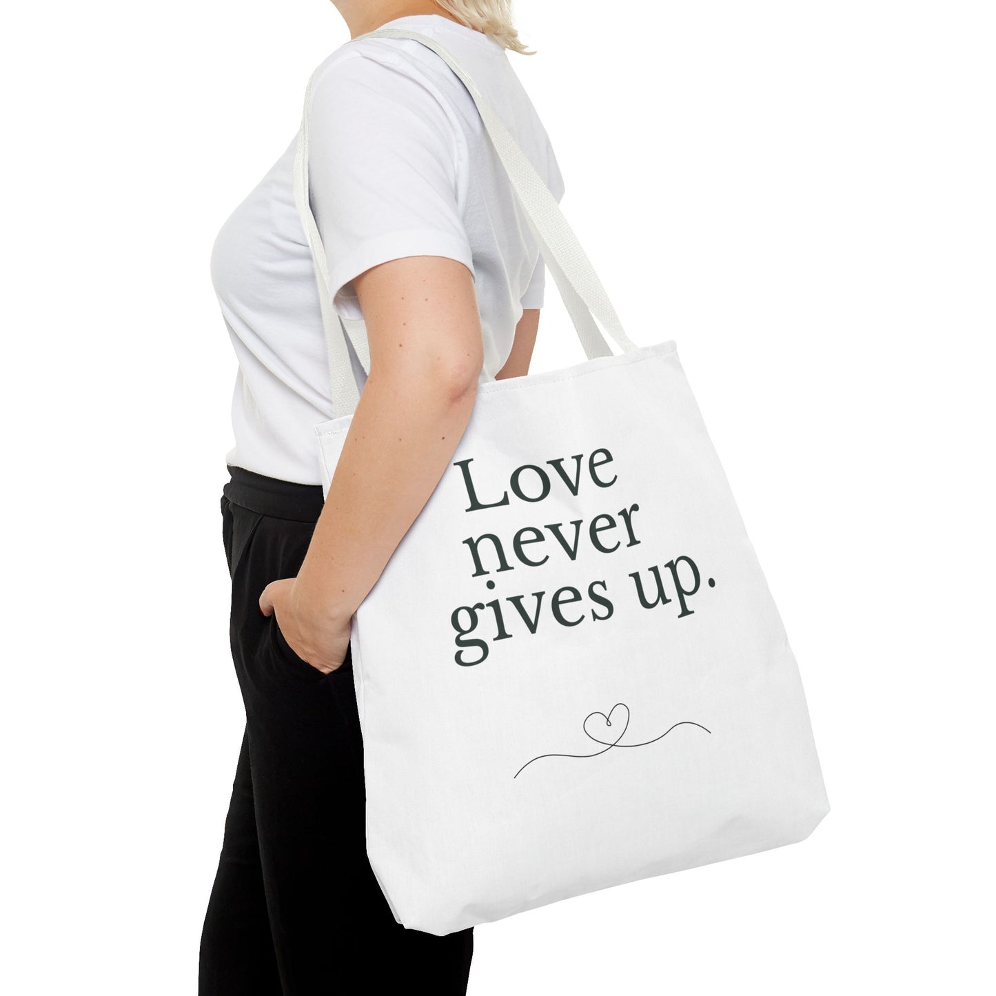 Love Never Gives Up Tote Bag — Inspirational Quote Canvas Tote