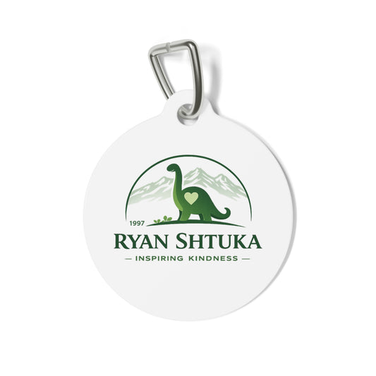 Pet Tag — Custom Round Pet ID Tag with Green Dinosaur 'Ryan Shtuka Inspiring Kindness' Design