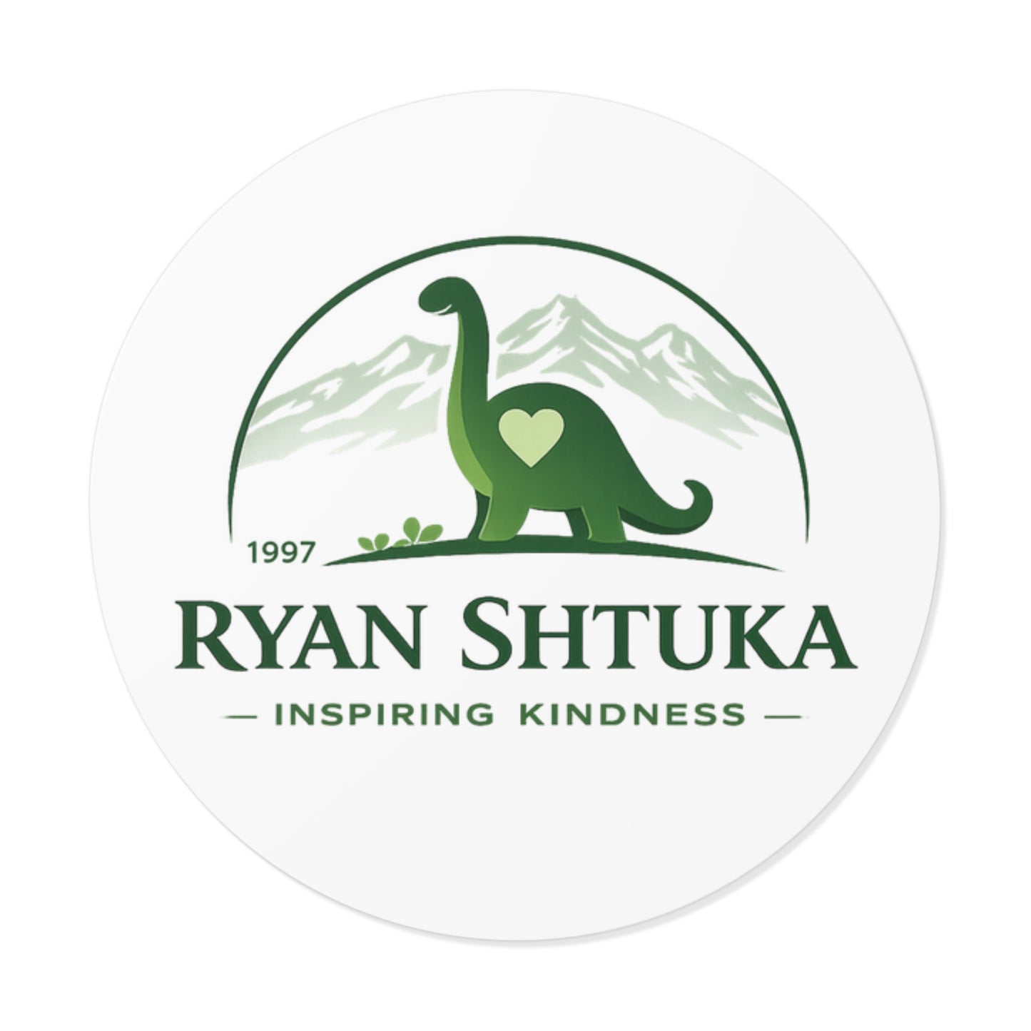 Round Vinyl Sticker — Ryan Shtuka 'Inspiring Kindness' Dinosaur Logo