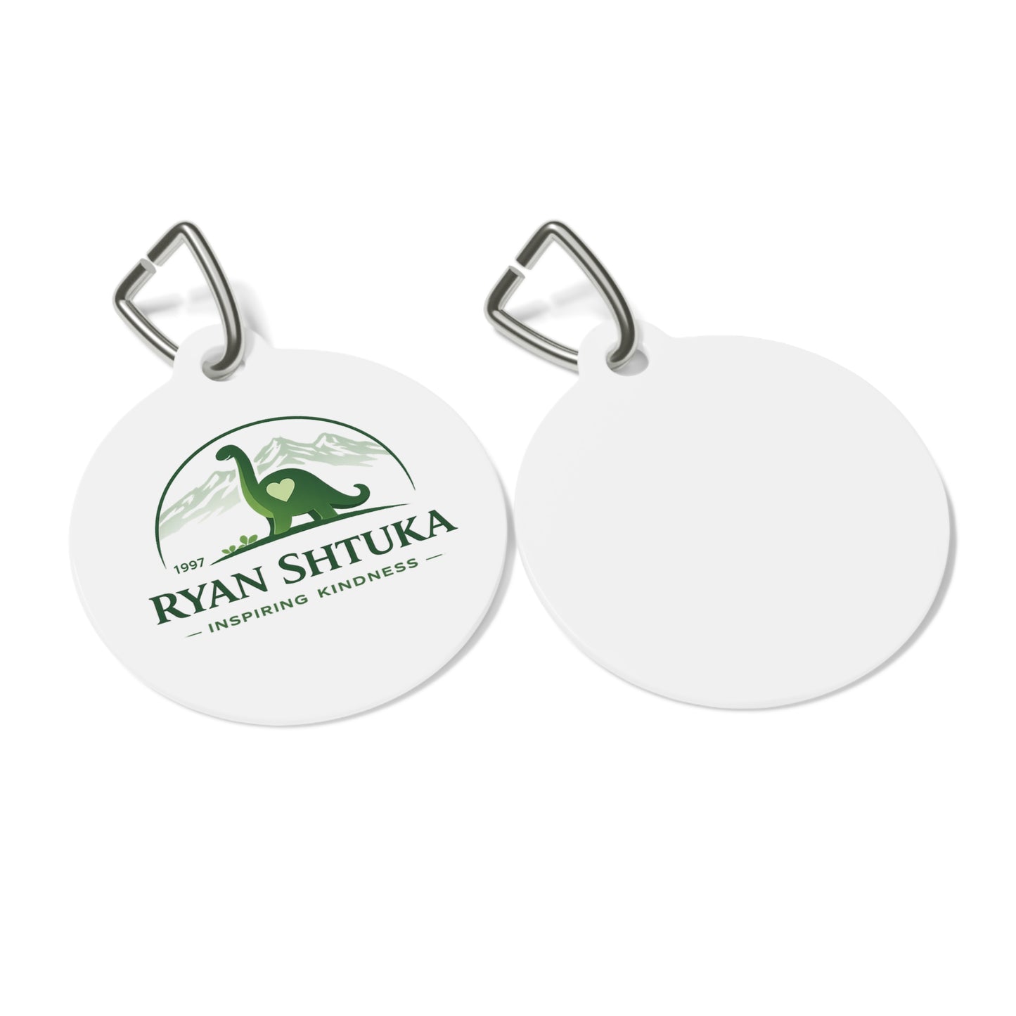 Pet Tag — Custom Round Pet ID Tag with Green Dinosaur 'Ryan Shtuka Inspiring Kindness' Design