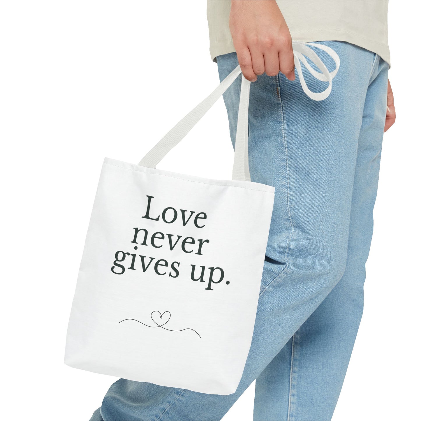 Love Never Gives Up Tote Bag — Inspirational Quote Canvas Tote
