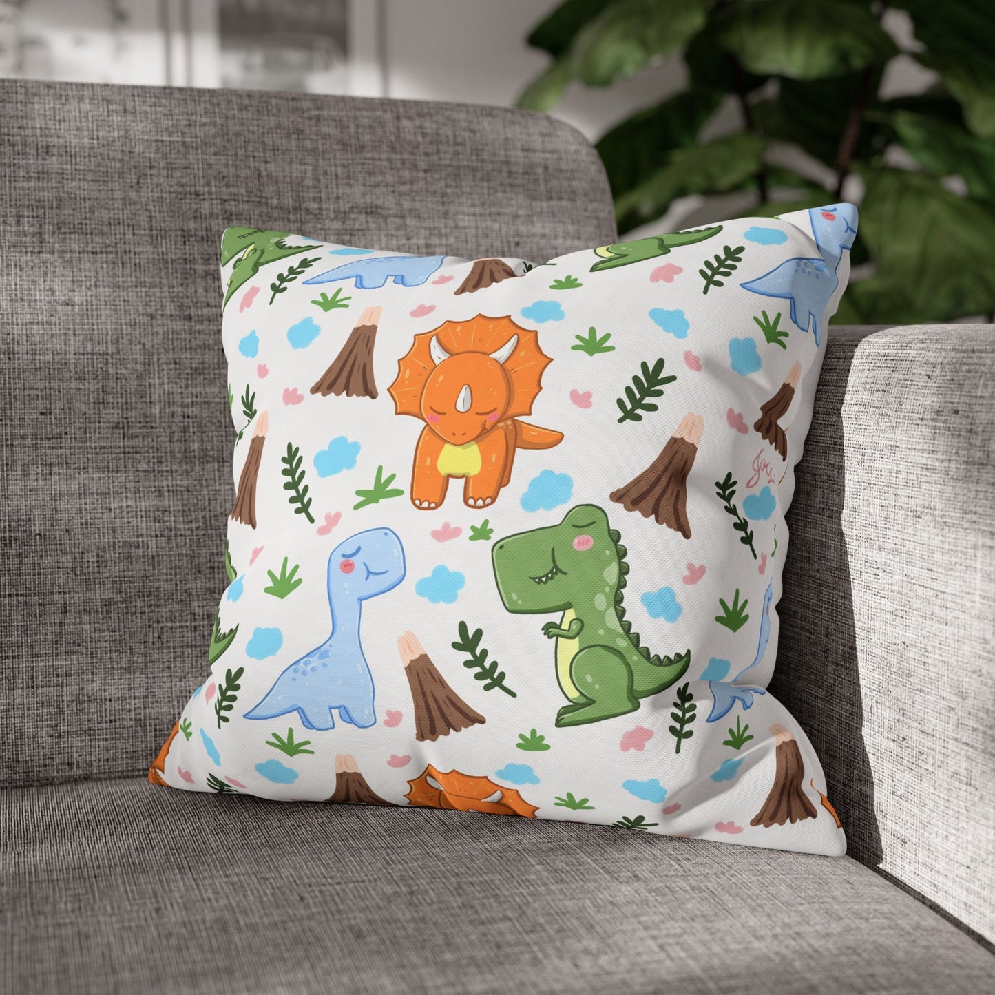 Dinosaur Kids Throw Pillow Cover — Cute Cartoon Dino Pattern Square Pillowcase for Nursery & Toddler Room