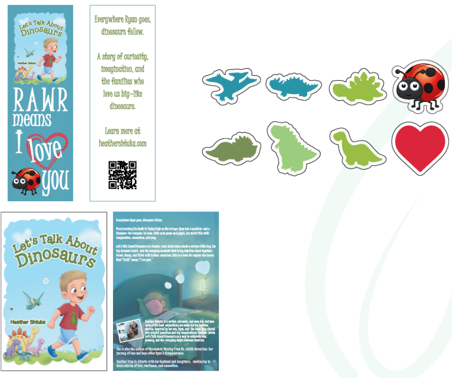 Children's book and related items with dinosaur illustrations on a white background