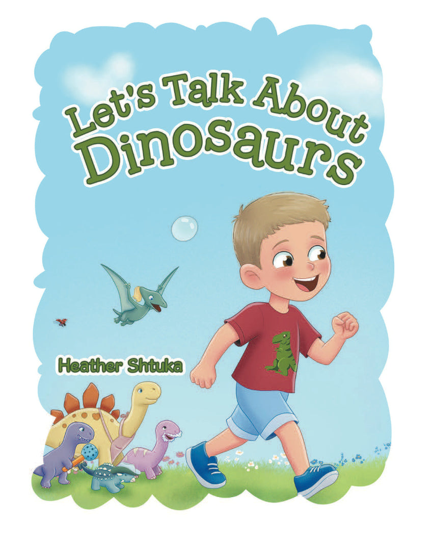 Book cover of 'Let's Talk About Dinosaurs' with a child and dinosaurs on a blue background