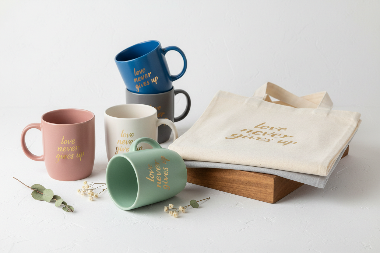 the phrase "love never gives up" on mugs and totes